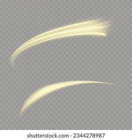 Glitter curve light effect of golden line. Vector fiery wavy gold tail. Colorful light trails, long time exposure motion blur effect. Magic yellow twirl PNG on transparent background. 
