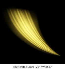 Glitter curve light effect of golden line. Vector fiery wavy gold tail. Colorful light trails, long time exposure motion blur effect. Magic yellow twirl PNG on transparent background. 