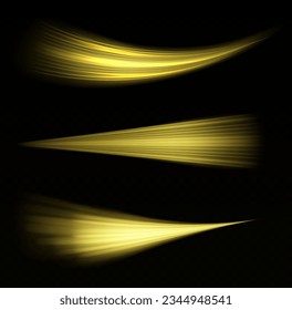 Glitter curve light effect of golden line. Vector fiery wavy gold tail. Colorful light trails, long time exposure motion blur effect. Magic yellow twirl PNG on transparent background. 