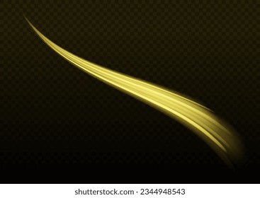 Glitter curve light effect of golden line. Vector fiery wavy gold tail. Colorful light trails, long time exposure motion blur effect. Magic yellow twirl PNG on transparent background. 