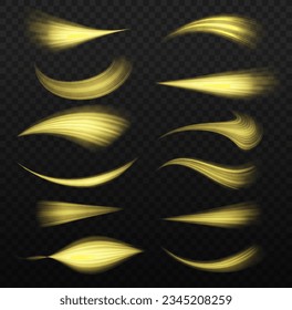 Glitter curve light effect of golden line. Vector fiery wavy gold tail. Colorful light trails, long time exposure motion blur effect. Magic yellow twirl PNG on transparent background. 