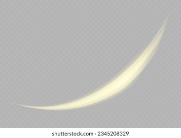 Glitter curve light effect of golden line. Vector fiery wavy gold tail. Colorful light trails, long time exposure motion blur effect. Magic yellow twirl PNG on transparent background. 