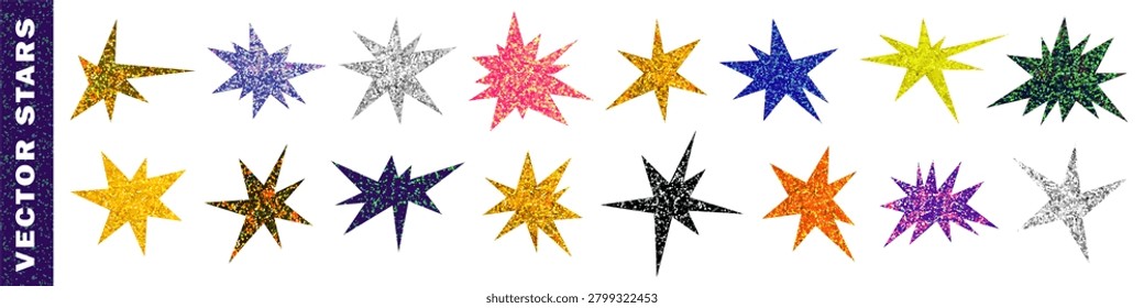 Glitter cut out stars set. Sparkle colorful irregular star paper clippings. Vintage stickers for collage and scrapbook. Gold, silver, purple elements Vector illustration on transparent background