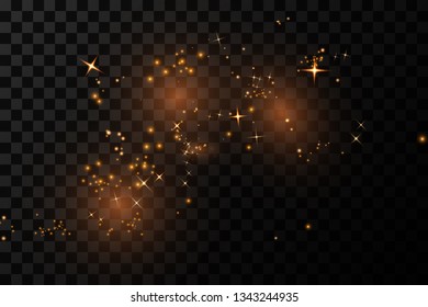  Glitter effect of particles.  Vector sparkles on a transparent background. Christmas light effect. Sparkling magical dust particles.The dust sparks and golden stars shine with special light.
