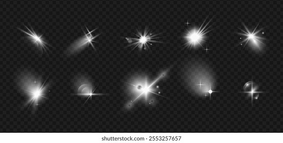 Efecto de brillo, Fotografía de la llama de la cámara en la lente. Vector aislado conjunto de luces intermitentes y radiantes, destellos de estrellas o centelleos. Rayos y destellos de colección, brillo y explosión de rayos