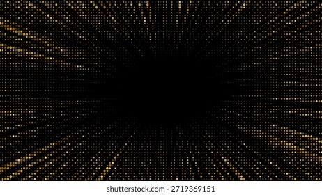 Glitzerexplosion mit goldenen Rasterpunkten, die nach außen platzen. Das strahlende Sunburst-Design zeichnet sich durch schimmernde Partikel, Konfetti-Funkeln und leuchtende Glüheffekte aus.