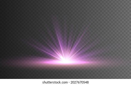 Glitter explosion sun isolated on transparent background. Special effect light flare with golden rays of light and magic sparkles. Abstract purple rays will raise. Vector illustration, eps 10.