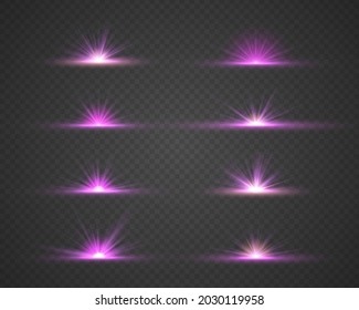 Glitter explosion sun isolated on transparent background. Special effect light flare with golden rays of light and magic sparkles. Abstract purple rays will raise. Vector illustration, eps 10.