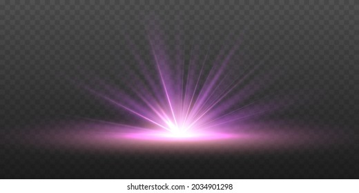 Glitter explosion sun isolated on transparent background. Abstract purple rays will raise. Special effect light flare with golden rays of light and magic sparkles. Vector illustration, eps 10.