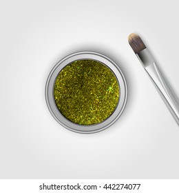 Glitter eye shadows and brush. Vector illustration