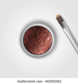Glitter eye shadows and brush. Vector illustration