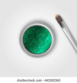 Glitter eye shadows and brush. Vector illustration