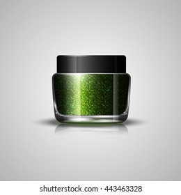 Glitter eyeshadow in a glass jar. Diamond powder. Shining eyeshadow. Vector illustration.