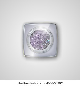 Glitter eyeshadow in a glass jar. Diamond powder. Shining eyeshadow. Vector illustration.