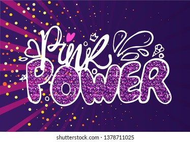 Glitter and font, pink power lettering, confetti vector. Femininity, girlish sign, water drops and ice cream, heart and crown symbols, postcard festivity