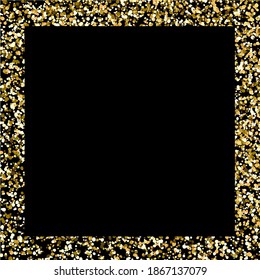 Glitter frame. Gold square border on black background. Christmas backdrop with copy space. Golden magic confetti wallpaper. Abstract glamour decoration element with glittering grain or dust. 
