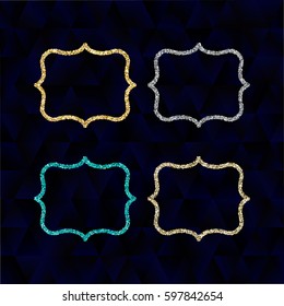 Glitter frame vintage style. Gold, silver, turquoise frames sparkles on dark background. Use for wedding invitations, vouchers, greeting cards, banners, flyers, postcards, birthday party designs etc
