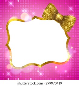 Glitter glamour shine background frame with mosaic border and golden sequin bow. Girly sparkling template for greeting card design.