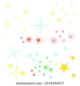 Brillo y resplandor para añadir magia y magia a sus imágenes. Ilustración vectorial de Pequeñas luciérnagas de diferentes colores y tamaños. Efectos de iluminación Brillante Estrella o Punto Recurso gráfico