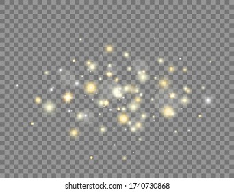 Glitter glowing light effect. Bright golden stars explosion with sparkles on transparent background. Christmas luxury design elements. Firework effect. Vector illustration.