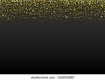 Glitter & glowing lights wallpaper. Falling golden sparks on black background with copy space for text, layout design, web template, greeting card. Luxury style backdrop for Christmas and New Year. 