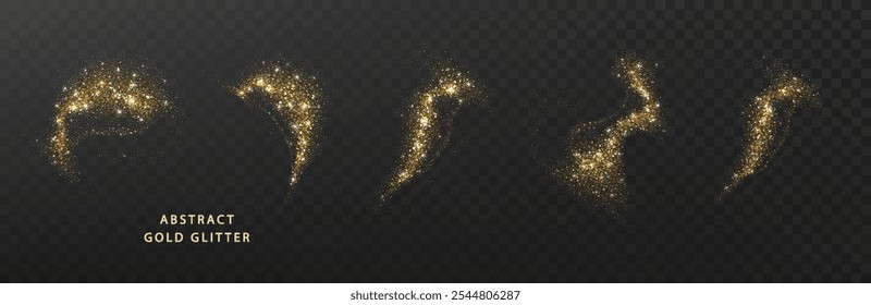 Glitter gold abstract design element on transparent dark background. Gold dust defocused abstract twinkly lights background. Magical dust wave on dark transparent background.