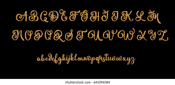 Glitter Gold alphabet vector font on black background. Calligraphy tattoo alphabet. English script lowercase, uppercase.Typeset lettering. Calligraphic, sketch of ABC letters.