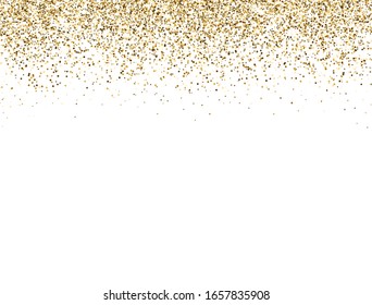 Glitter gold border with space for text. Golden sparkles and dust on white background. Luxury glitter decoration frame. Bright design for Christmas, Birthday, Wedding. Vector illustration