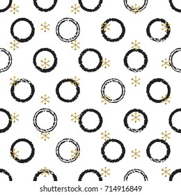 Glitter gold chaotic ring Christmas New Year seamless pattern with snowflakes. Paint brush circle black white background. Golden snowflakes. Vector illustration. Hipster trendy wrapping gift paper