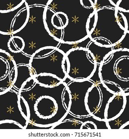 Glitter gold chaotic ring Christmas New Year seamless pattern with snowflakes. Paint brush circle black white background. Golden snowflakes. Vector illustration. Hipster trendy wrapping gift paper