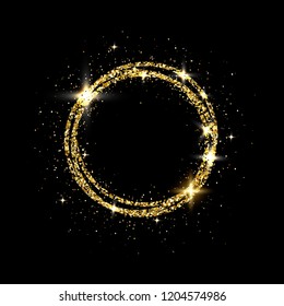 Glitter gold circle frame with space for text. Sparkling golden frame on black background. Bright glittering star dust. Festive border. Vector illustration.