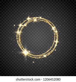 Glitter gold circle frame with space for text. Sparkling golden frame on transparent background. Bright glittering star dust. Festive Christmas border. Vector illustration.