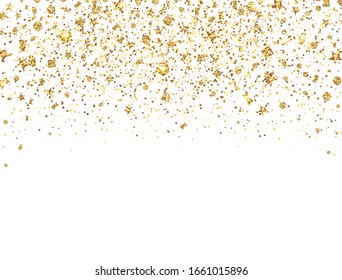 Glitter gold confetti border. Golden sparkles and dust on white background. Luxury glitter decoration frame. Bright design for Christmas, Birthday, Wedding. Vector illustration