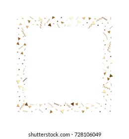 Glitter gold confetti frame. Isolated vector triangle particles and ribbons on white background. Christmas mockup card. Template for birthday invitation. Celebration party invitation. Flat design.