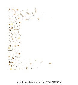 Glitter gold confetti frame. Isolated vector triangle particles and ribbons on white background. Christmas mockup card. Template for birthday invitation. Celebration party invitation. Flat design.