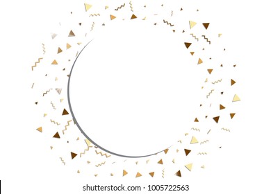 Glitter gold confetti. Isolated vector triangle particles and ribbons on white background. Christmas mockup card. Template for birthday invitation. Celebration party invitation. Flat design.