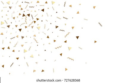 Glitter gold confetti. Isolated vector triangle particles and ribbons on white background. Christmas mockup card. Template for birthday invitation. Celebration party invitation. Flat design.