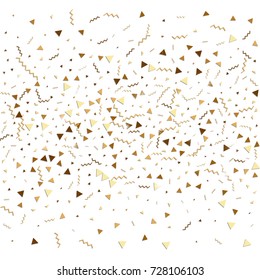 Glitter gold confetti. Isolated vector triangle particles and ribbons on white background. Christmas mockup card. Template for birthday invitation. Celebration party invitation. Flat design.