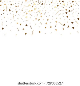 Glitter gold confetti. Isolated vector triangle particles and ribbons on white background. Christmas mockup card. Template for birthday invitation. Celebration party invitation. Flat design.