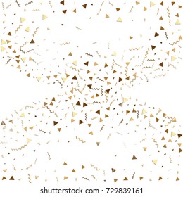 Glitter gold confetti. Isolated vector triangle particles and ribbons on white background. Christmas mockup card. Template for birthday invitation. Celebration party invitation. Flat design.