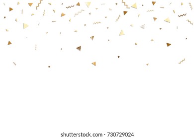 Glitter gold confetti. Isolated vector triangle particles and ribbons on white background. Christmas mockup card. Template for birthday invitation. Celebration party invitation. Flat design.