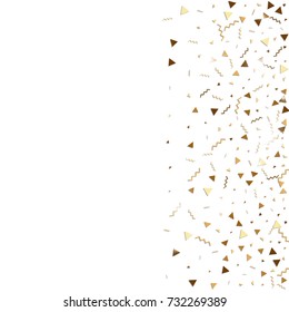 Glitter gold confetti. Isolated vector triangle particles and ribbons on white background. Christmas mockup card. Template for birthday invitation. Celebration party invitation. Flat design.