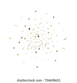 Glitter gold confetti. Isolated vector triangle particles and ribbons on white background. Christmas mockup card. Template for birthday invitation. Celebration party invitation. Flat design.