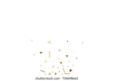 Glitter gold confetti. Isolated vector triangle particles and ribbons on white background. Christmas mockup card. Template for birthday invitation. Celebration party invitation. Flat design.