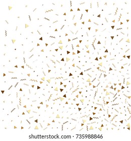 Glitter gold confetti. Isolated vector triangle particles and ribbons on white background. Christmas mockup card. Template for birthday invitation. Celebration party invitation. Flat design.