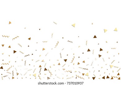 Glitter gold confetti. Isolated vector triangle particles and ribbons on white background. Christmas mockup card. Template for birthday invitation. Celebration party invitation. Flat design.