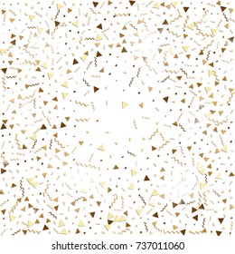 Glitter gold confetti. Isolated vector triangle particles and ribbons on white background. Christmas mockup card. Template for birthday invitation. Celebration party invitation. Flat design.