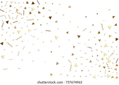 Glitter gold confetti. Isolated vector triangle particles and ribbons on white background. Christmas mockup card. Template for birthday invitation. Celebration party invitation. Flat design.
