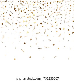 Glitter gold confetti. Isolated vector triangle particles and ribbons on white background. Christmas mockup card. Template for birthday invitation. Celebration party invitation. Flat design.