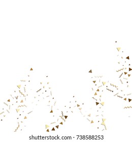 Glitter gold confetti. Isolated vector triangle particles and ribbons on white background. Christmas mockup card. Template for birthday invitation. Celebration party invitation. Flat design.